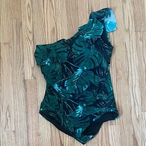Green Leaf Print One-Shoulder Swimsuit
